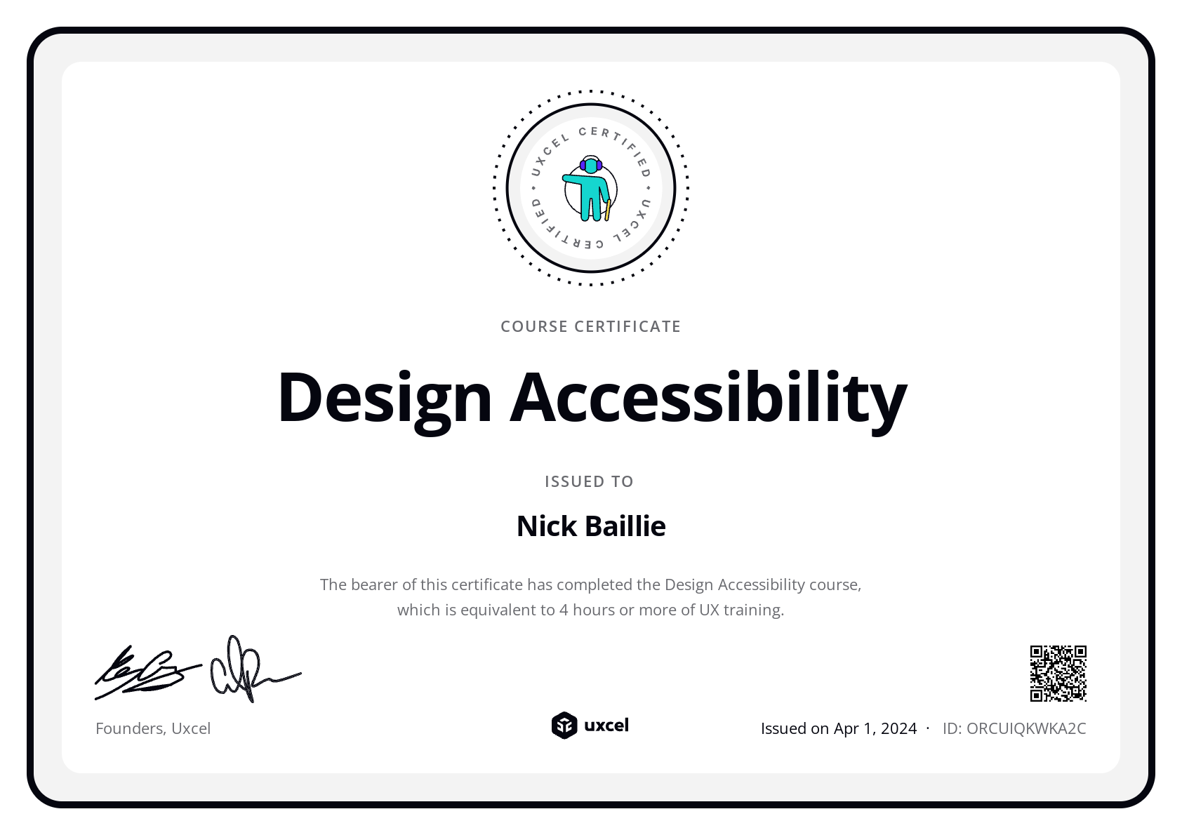 Nick Baillie's certificate